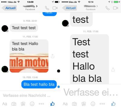 Facebook Messenger App (iOS): Vergleich unterschiedlicher Schriftgrößeneinstellungen.