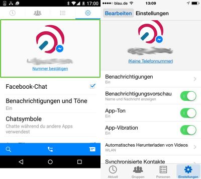 Facebook Messenger App: Einstellungen Vergleich iOS und Android.