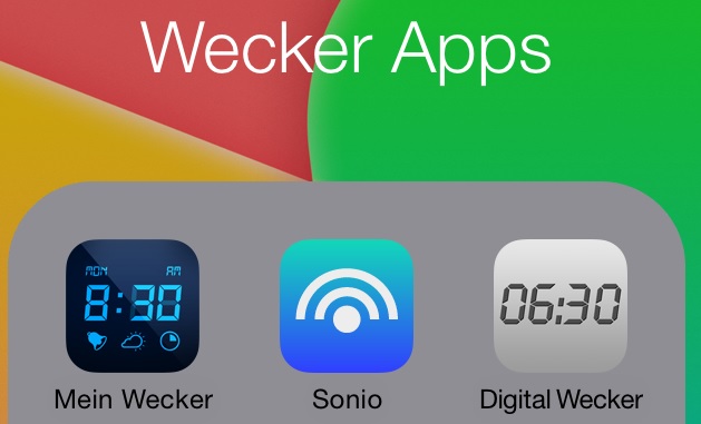 Ansciht der Icons von Digitalwecker, Sonio Free und Mein Wecker auf einem iPhone.