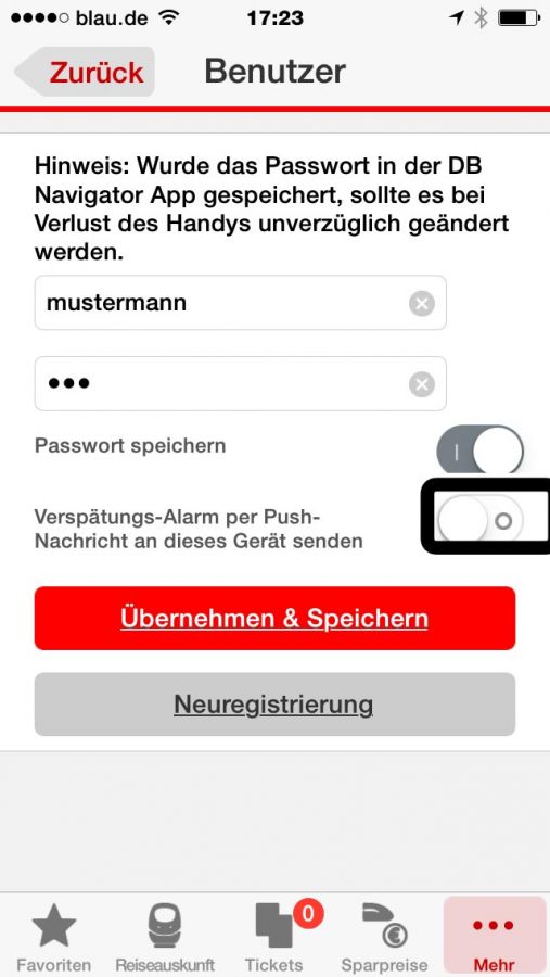 Screenshot der App DB Navigator (iOS) - Eingabe des Benutzerkontos..