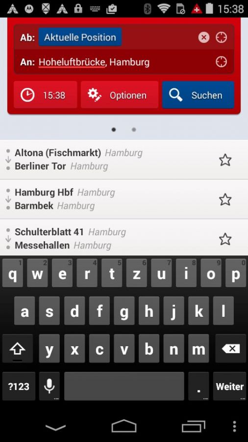 Screenshot der HVV-App (Android) - Verbindungssuche