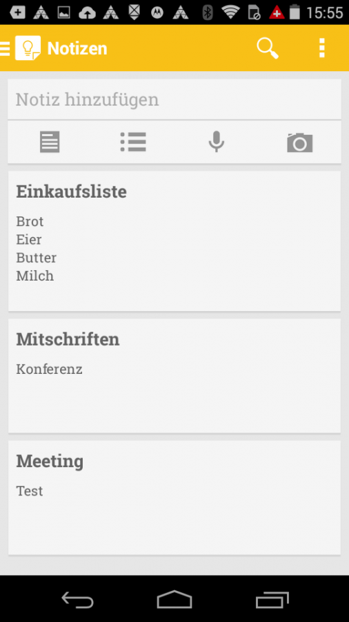 Screenshot der App Notizen unter Android. Zu sehen ist eine Übersicht der eingegebenen Notizen.