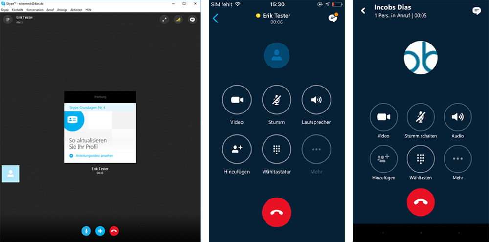 Ansicht des Skype-Anrufbildschirms von Windows-Desktop, iPhone und Moto-E (Android)