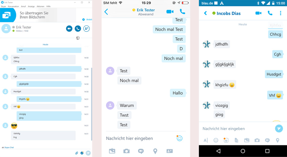 Ansicht des Skype-Chatfensters von Windows-Desktop, iPhone und Moto-E (Android)