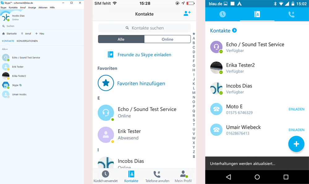 Ansicht der Skype-Kontaktliste von Windows-Desktop, iPhone und Moto-E (Android)
