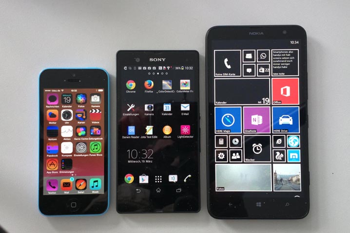 iPhone 5c und Lumia 1320 in der Kontrastansicht - bei Xperia Z (Mitte) nicht vorhanden