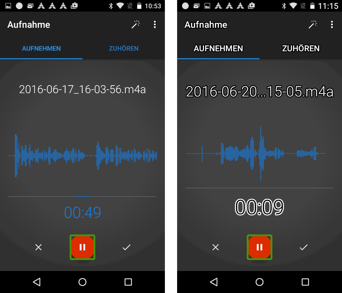 Easy Voice Recorder - rechts mit den Einstellungen "Großer Text" und "Text mit hohem Kontrast"