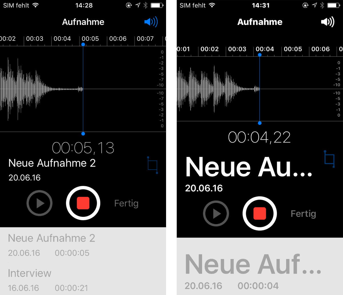 Sprachmemos (iOS) Aufnahme-Bildschirm, rechts mit vergrößertem / fettem Text