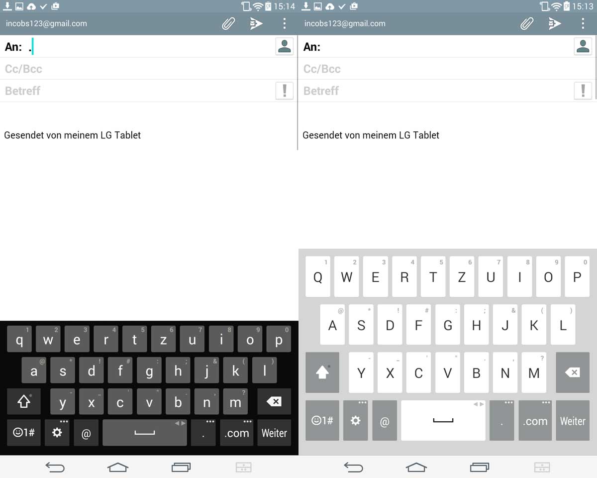 Screenshot LG Pad: verschiedene Ansichten der virtuellen Tastatur.