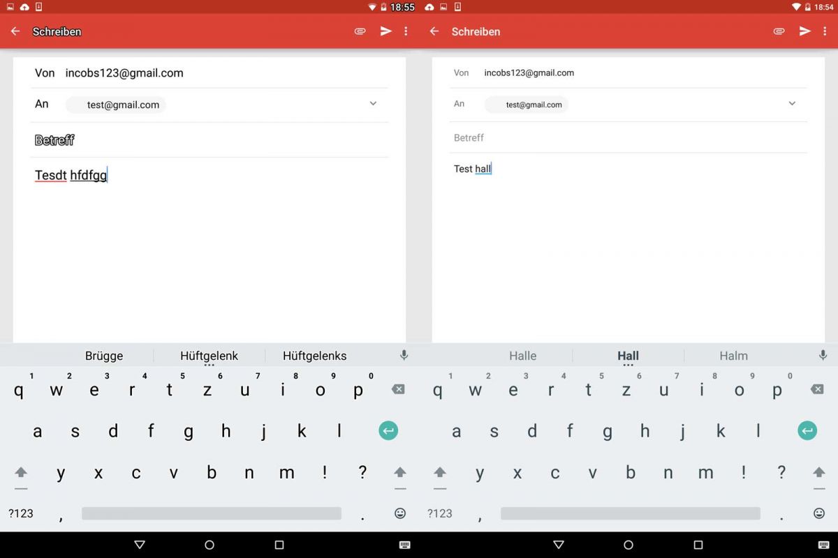 Nexus 9 Screenshot: Mailprogramm mit und ohne erhöhten Kontrast