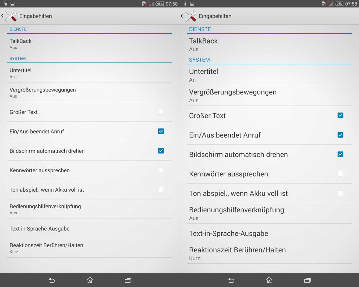 Screenshot Sony Xperia: Vergleich zwischen normaler und großer Schriftgröße