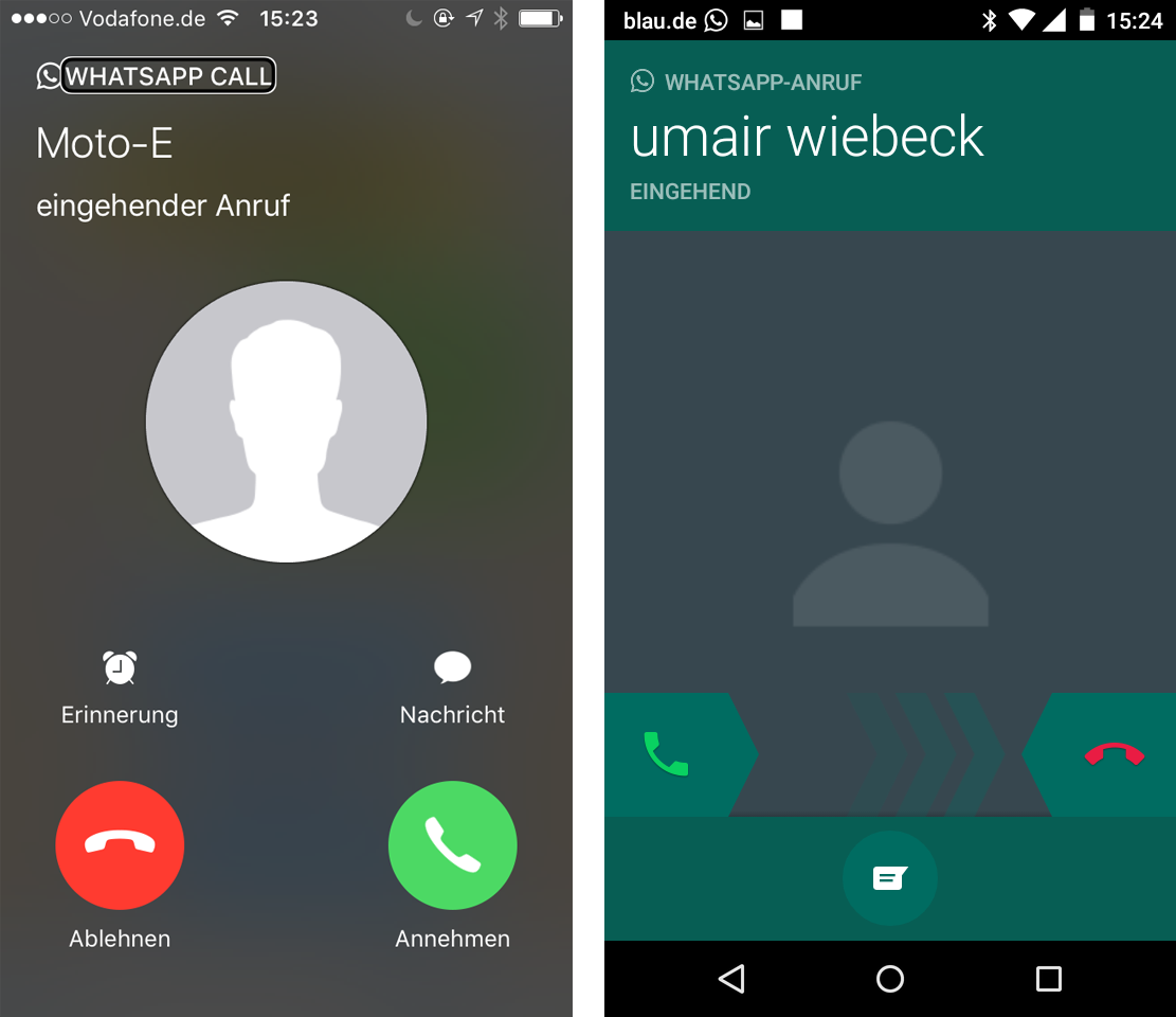 Anrufbildschirme bei WhatsApp Call. Links iOS, rechts Android.