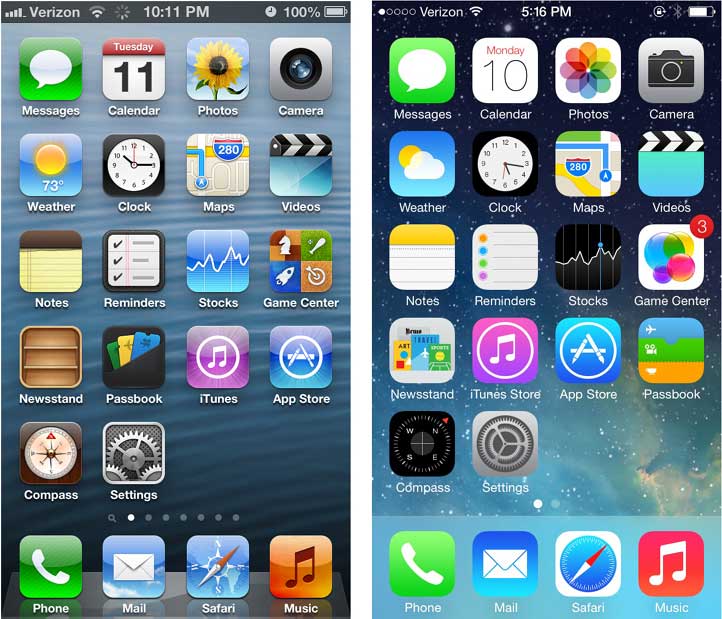 Startbildschirme von iOS 6 und iOS 7